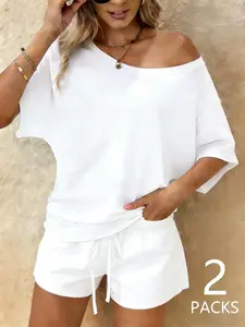Women's Two-Piece Home Set, One-Shoulder Loose Short Sleeve Top + Drawstring Waist Adjustable Shorts, Summer Lightweight Breathable Comfortable Casual Wear, Daily Outfits