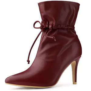 BLISSFUL STEP Pointed Toe Drawstring Pull on Stiletto Heel Ankle Boots