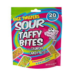 Face Twisters Sour Taffy Bites in Strawberry, Green Apple & Blue Raspberry 3.5 oz