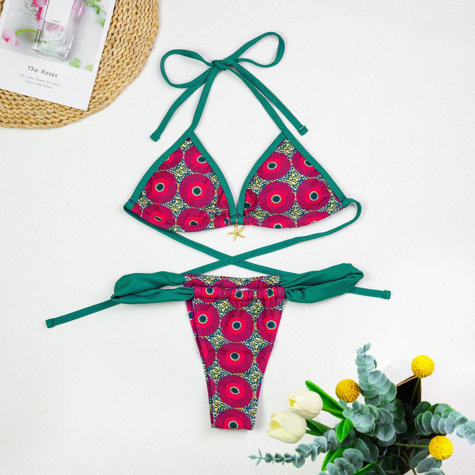 Print Separated Metal Swimwear Triangle Cup Bikini Swimsuit for Women