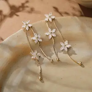 1Pair Triple Flower Crystal CZ Dangle Earrings Minimalist Luxury Elegant Style Ear Climber Long Drop Earrings For Brides Bridesmaids Wedding/Anniversary/Birthday Gold Plated Jewelry