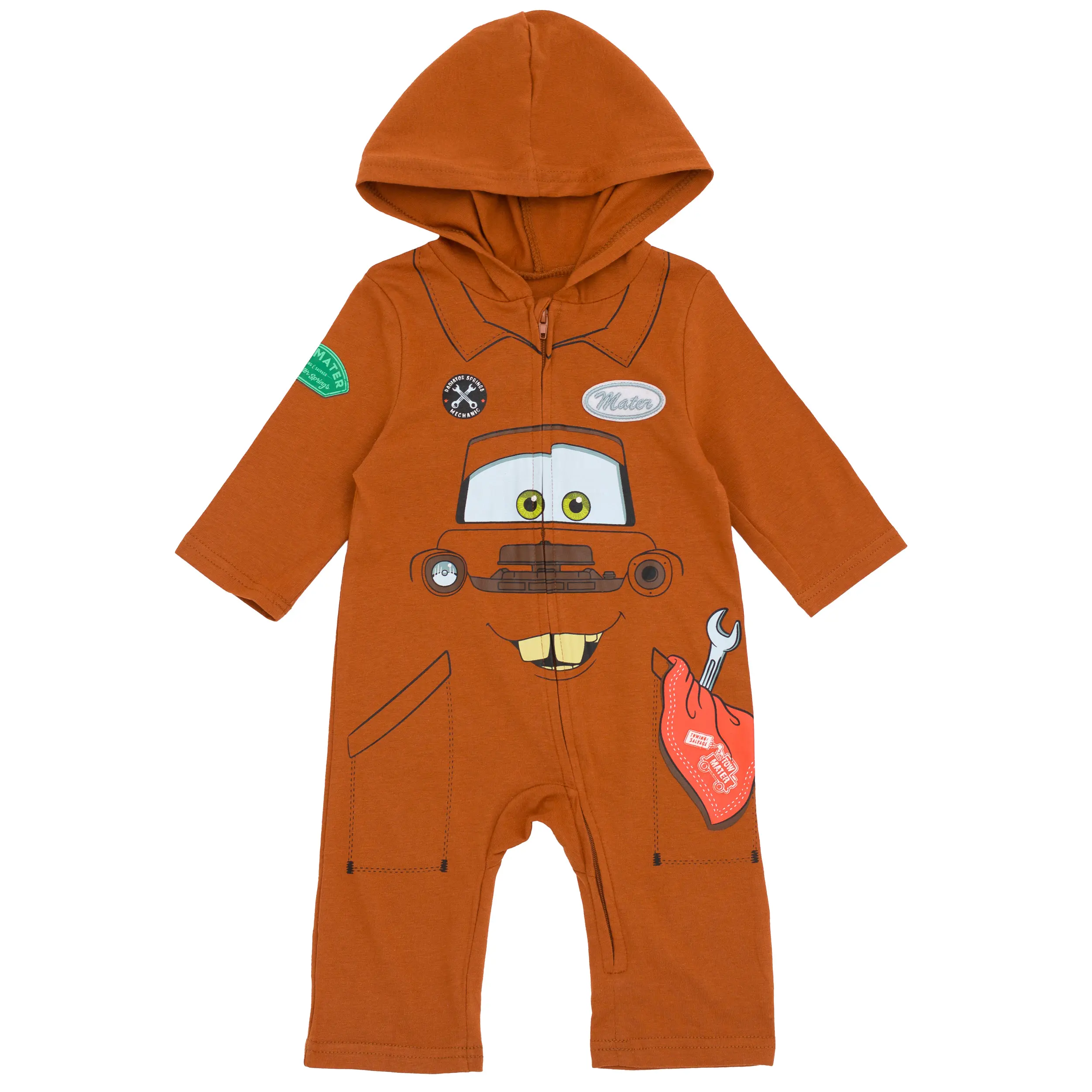Disney Cars Mater Boys' Jersey Knit Graphic Coverall, Brown Tow, Puff-Print Character Playwear, Full-Length Zip-Front, Toddler to Little Kid Fit, Kids' Costume Accessory