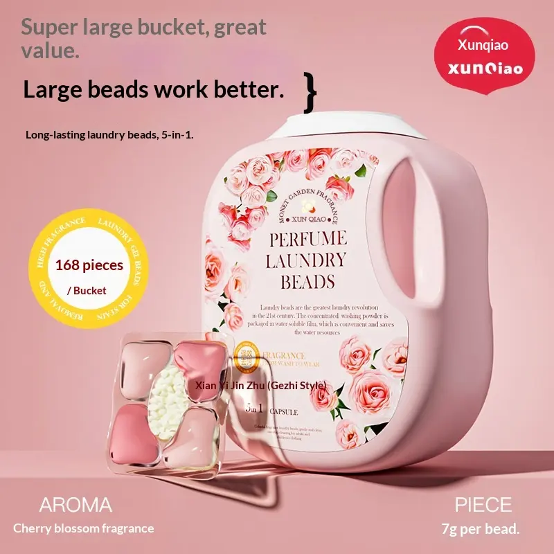Rose Flower Five-In-One Laundry Pearls, Scented Beads Bucket Pack, 1340g/168pcs, Plant-Based Fragrance, Strong Stain Removal, Floral Laundry Detergent, Home Use, Scented Detergent Balls