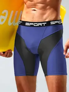 Men's High Elastic Quick-Dry Compression Shorts - Dual Color Design (Blue-Black / Red-Black), Breathable Polyester-Spandex Blend, Slim Waistband with 'SPORT' Print, Ideal for Running, Basketball Training & Swimming, Running Workout Shorts