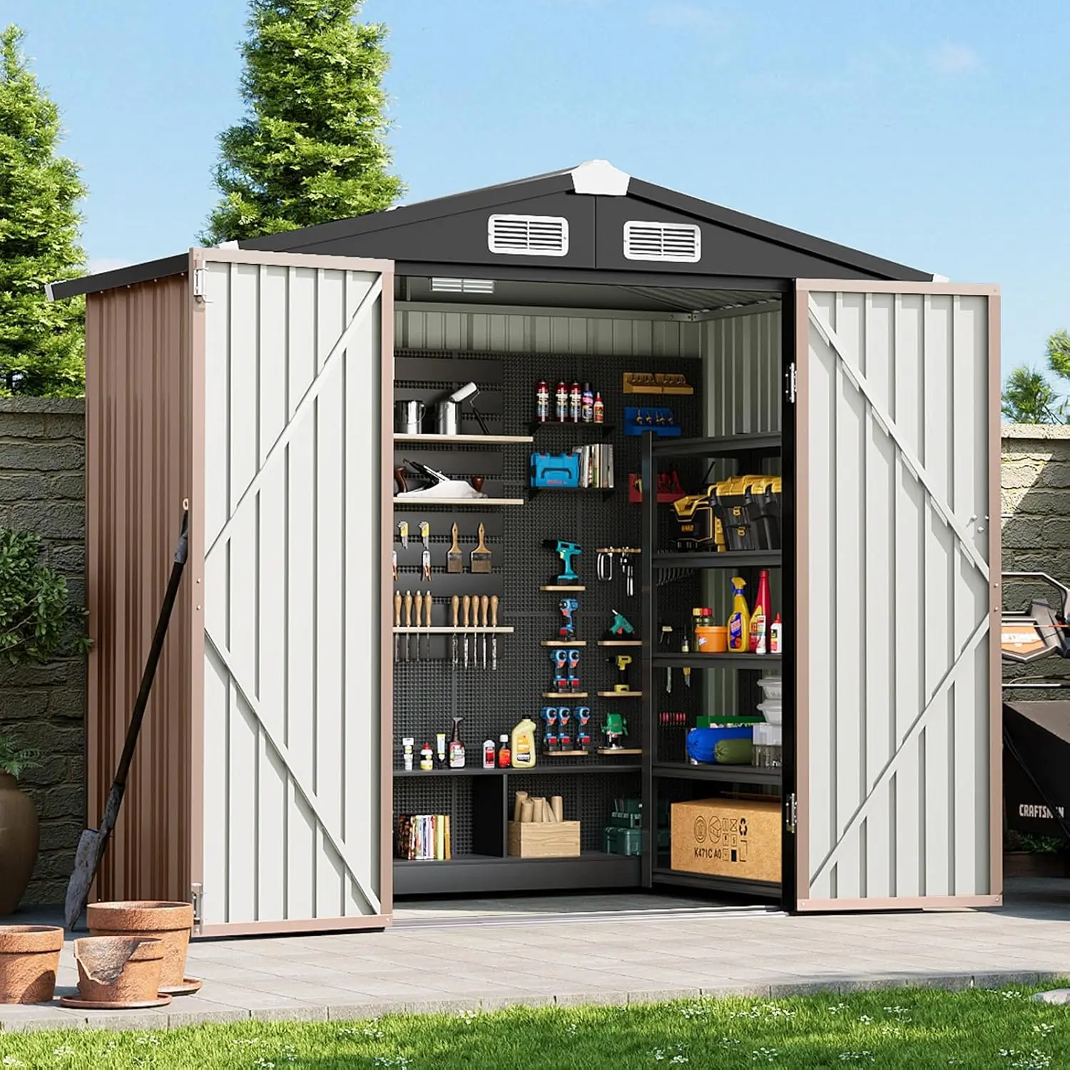 Aoxun 6x4/8×6/10×8/12×14FT Outdoor Storage Shed, Metal Garden Tool Shed with Sloping Roof & Lockable Door for Patio Lawn Backyard