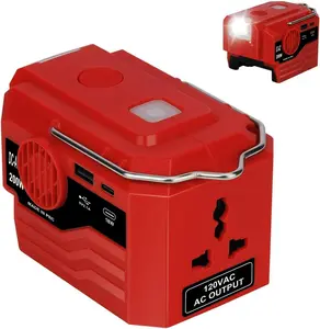 200W Power Inverter for Milwaukee  ΛΛ18 Battery, DC 18V to AC 110-120V Inverter, Portable Power Supply Inverter with AC Outlet & USB and Type-C Ports & LED Light (Battery not Include)