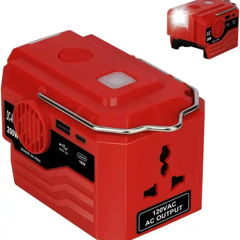 200W Power Inverter for Milwaukee  ΛΛ18 Battery, DC 18V to AC 110-120V Inverter, Portable Power Supply Inverter with AC Outlet & USB and Type-C Ports & LED Light (Battery not Include)