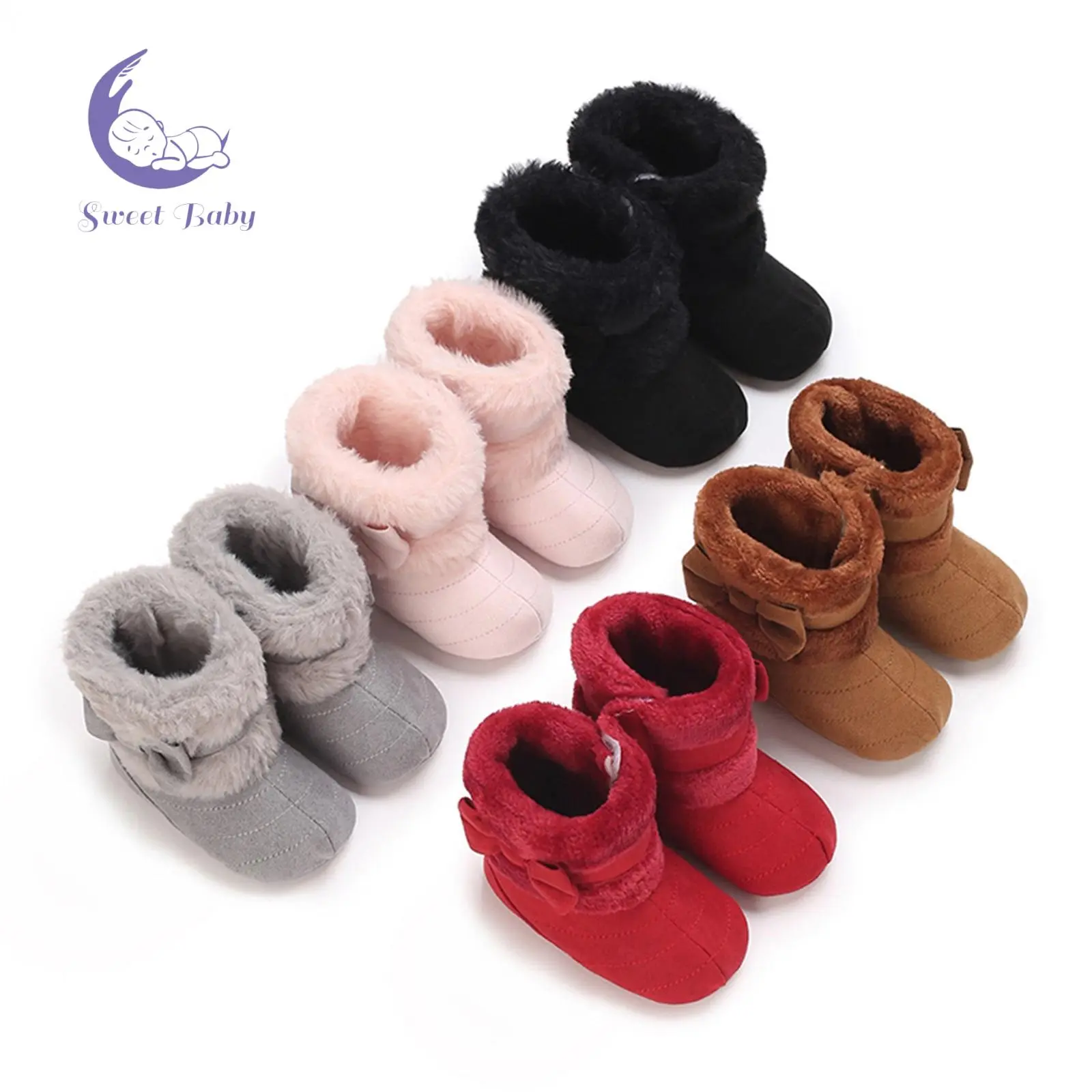 Baby Girl Boots Cute Bowknot Crib Shoes Winter Warm Infant First Walker Shoes with Non-Skid Soles