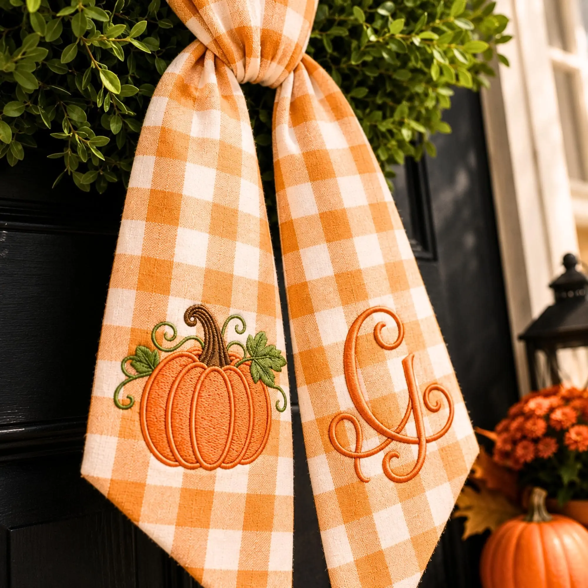 Personalized Pumpkin Wreath Sash - Embroidered Fall Monogram Gingham Door Bow - Thanksgiving Front Door Decor, Housewarming Gift