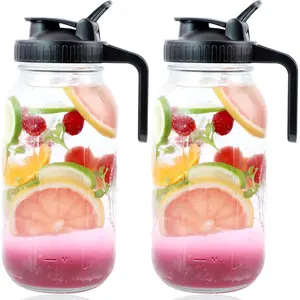 Mason Jar Pitcher Wide Mouth 64 Oz (2 Pack) Glass Pitcher With Pour Spout Lid 2 Quart Airtight Leakproof Water Carafe With Handle And Flip Cap Lid For Iced Beverages, Iced Coffee, Milk, Lemonade