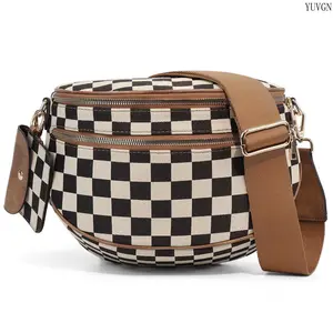 2026 Trendy Checkered Sling Crossbody Bag for Women, Retro Black and White Plaid Waist Fanny Pack, Casual Canvas Shoulder Bag with Adjustable Strap, Multi-pocket Chest Bag for Daily Travel Work School Dating Weekend Outing