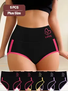 5 Pack Plus Size Women's Comfortable Fit High-Waist Underwear Set, 5-Pack Plus Size Panties, Colorblock Elegant Chic Design, Abdominal Shaping Waistband