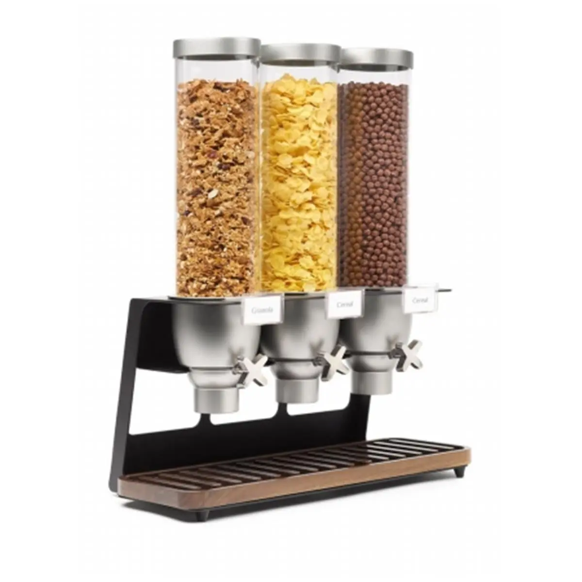 212 MAIN Stainless Steel-Frame Free-Standing Table-Top Cereal Dispenser - Lightweight Portable Vertical Acrylic Triple Containers with EZ-SERV Design, 3.9 Gal Total Capacity for Buffet, Kitchen Utensils Use, Metal & Wood Accent Compatibility