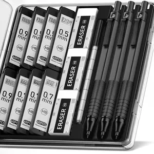 Metal Mechanical Pencil Set, 3 count Artist Lead Pencil 0.5mm & 0.7mm & 0.9mm with 480 count HB Lead Refills, 3 Erasers, 9 Eraser Refills For Engineer Art Writing Drawing Drafting, Black