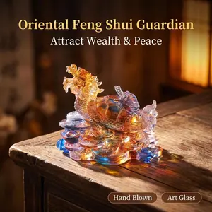 Krystal 100% Hand Blown Liuli Dragon Turtle Statue - Colorful Gradient Art Glass, Traditional Chinese Feng Shui Guardian, Symbol of Prosperity, Protection, Good Luck - Oriental Home Office Decor Gift