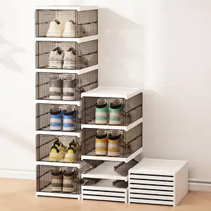 Front Shoe Storage Box, No Assembly Stackable Shoe Storage Box With Door, Freestanding Shoe Rack Cabinet With Cover, Plastic Shoe Rack For Closet Entry