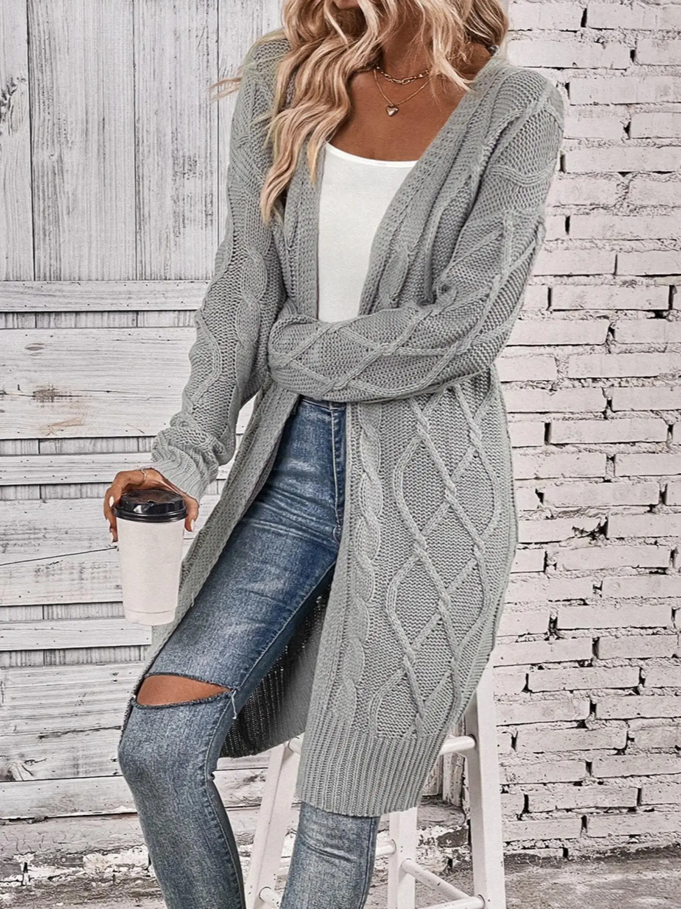 Women's Comfortable Plain Comfort Chunky Cable Open Front Long Cardigan, Basic Minimalist Womenswear, Elegant Classy Casual Drop Shoulder Long Sleeve