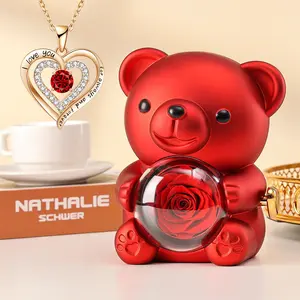 The Cutest Red Rose Bear with Heart Necklace – Elegant Flower & Rhinestone Design, Perfect Gift for Mom, Wife, or Girlfriend on Birthday, Anniversary, or Holidays (Thanksgiving, Christmas, Halloween)