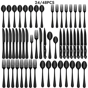 24/48-Piece Black Silverware Set with Steak Knives, Spoons, Forks Set Flatware Set for 4-8 Food-Grade Stainless Steel Cutlery Set Mirror Polished Utensils Set for Home Kitchen Restaurant