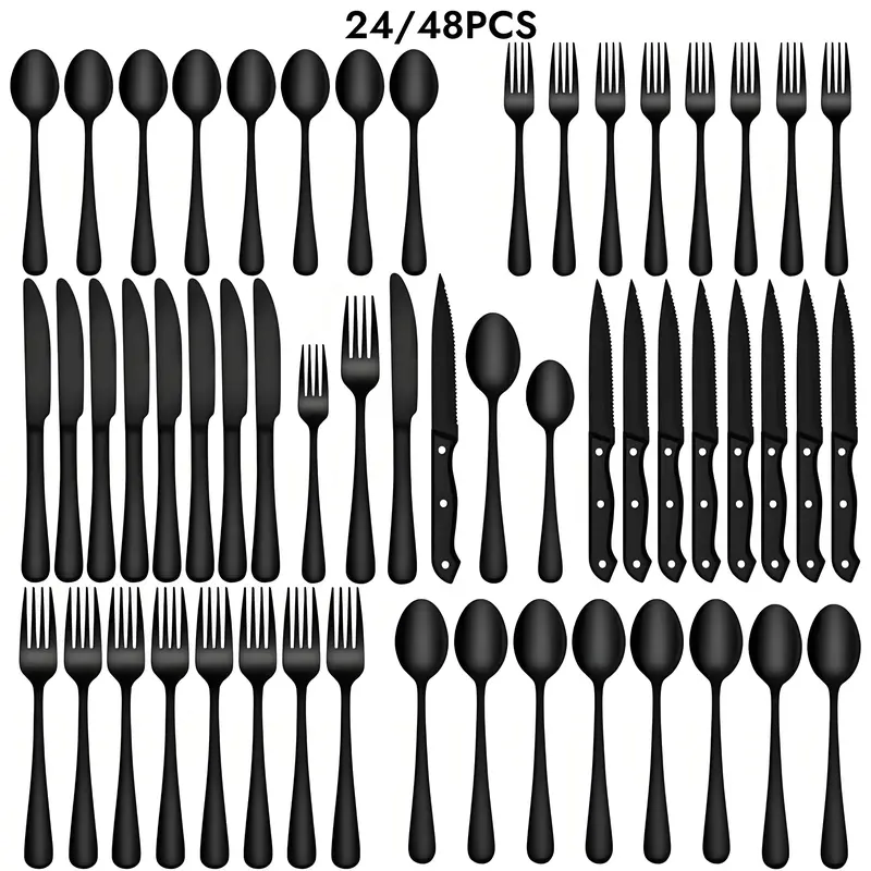 24pcs-black Stainless Steel Adult Tableware Set, Oval Utensils with Steak Knives, Spoons, Forks - 24/48 For 4–8 Person Modern Mirror Polished Everyday Dinner Set for Home Kitchen