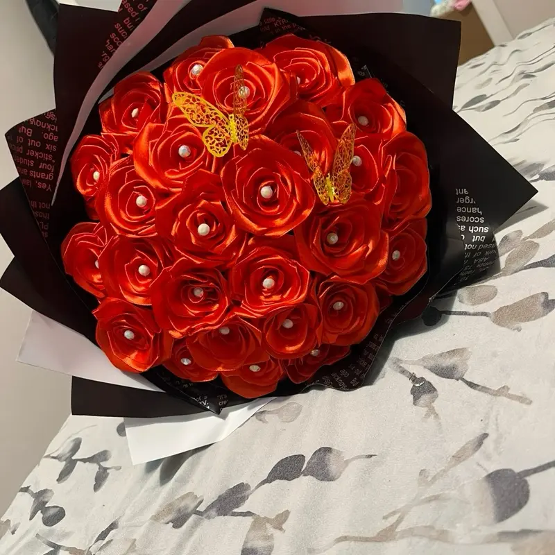 25 Eternal Rose Bouquet with Golden Butterfly Accents and Pearl Details for Lasting Beauty