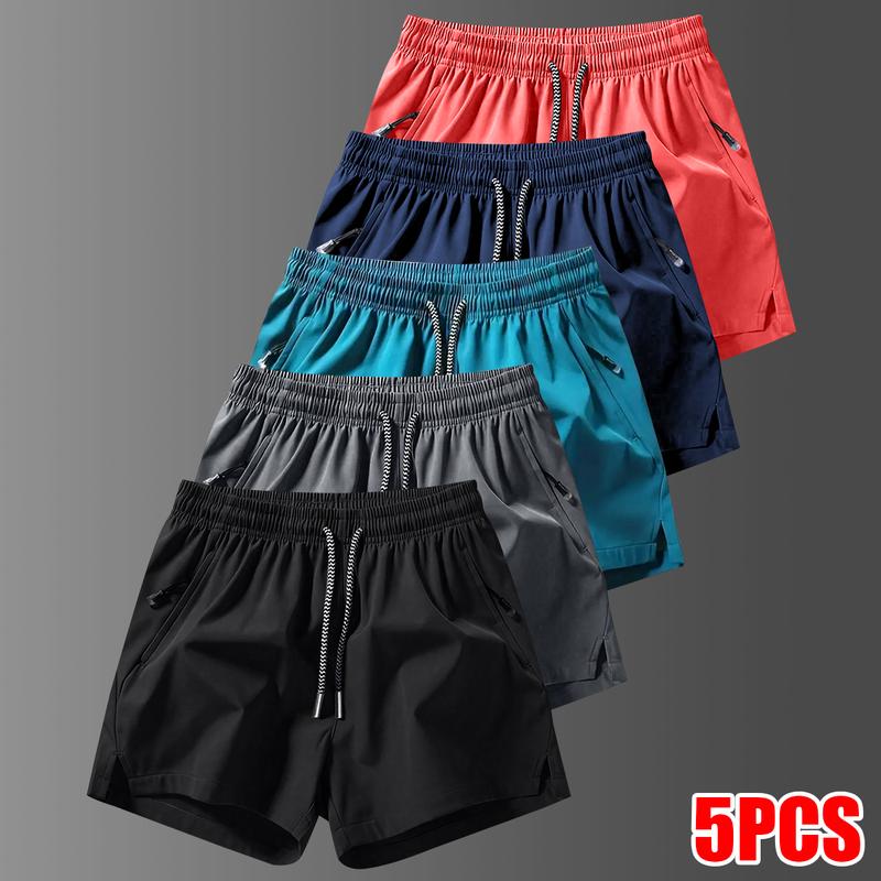 Men's 5-Pack Solid Color Casual Shorts with Zipper Pockets, Summer Fashion Drawstring Athletic Shorts, Suitable for Summer Gym Workouts, Running, and Outdoor Activities, Comfortable and Adjustable