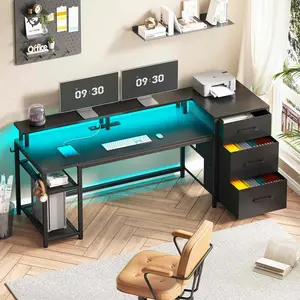 SEDETA 59" Office Desk with Drawers, Reversible Computer Desk with File Drawers & Storage, Gaming Desk with LED Lights & Power Outlet, Home Office Desks for Printer