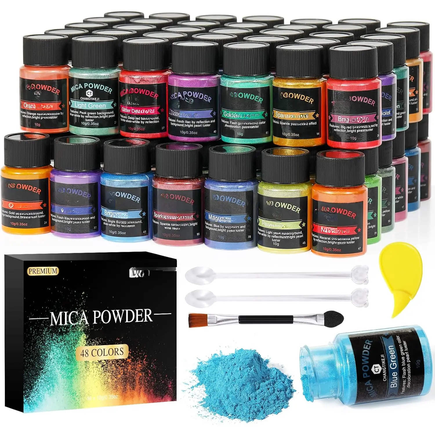 Mica ,48 Colors - 10g/Bottle of  Pigment  for Epoxy ,Soap Making,Candle Making,Lip Gloss, Freshies,Dye, Polish,Bath Bombs