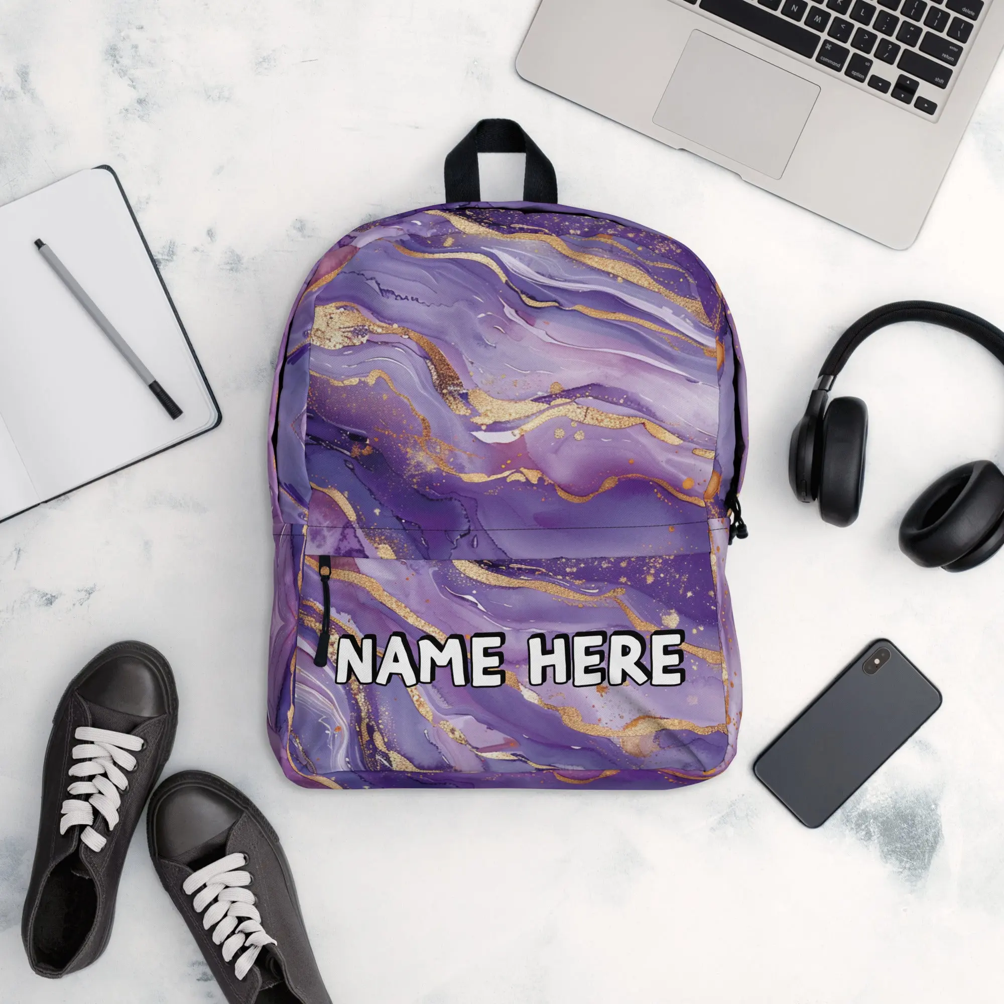 Custom Name Marble Backpack, Personalized Elegant Rucksack, Customized Minimalist School Bag, Abstract Gift, Marble Present
