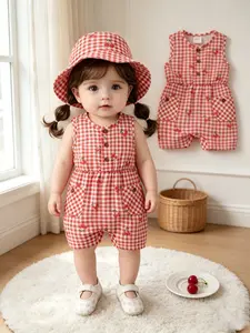 Infant summer wear for boys and girls aged 6 months-3 years old, Bodysuit romper, summer onesie with same-plaid hat included red-white plaid cherry-print sleeveless onesie + plaid bucket hat set pastoral style set for home wear