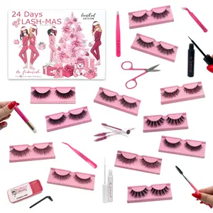 24-Day Lash-Mas Lets Go Party Glam Advent Calendar kit includes spoolies, tweezers, white glue, black glue, eyebrow brush, scissors, eyebrow soap, curved point tip tweezers & tweezers with combs