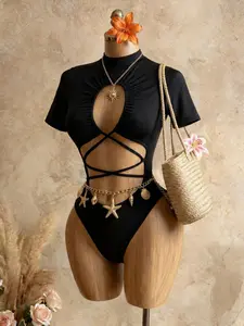 Elegant Dark-Hued One-Piece, Half High Neck Short Sleeve Design, Cross-Bound Hollow-Out Detail, Perfect for Parties & Dates