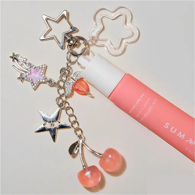 Women's Handmade Pendant Lip Balm Keychain Cap for Summer Fridays 0.5 Oz - Leakproof, Casual, Secure Hold Lip Gloss Holder with Hook & Loop Closure, 7-Color Butterfly Carabiner Hanging Decor Birthday Gift