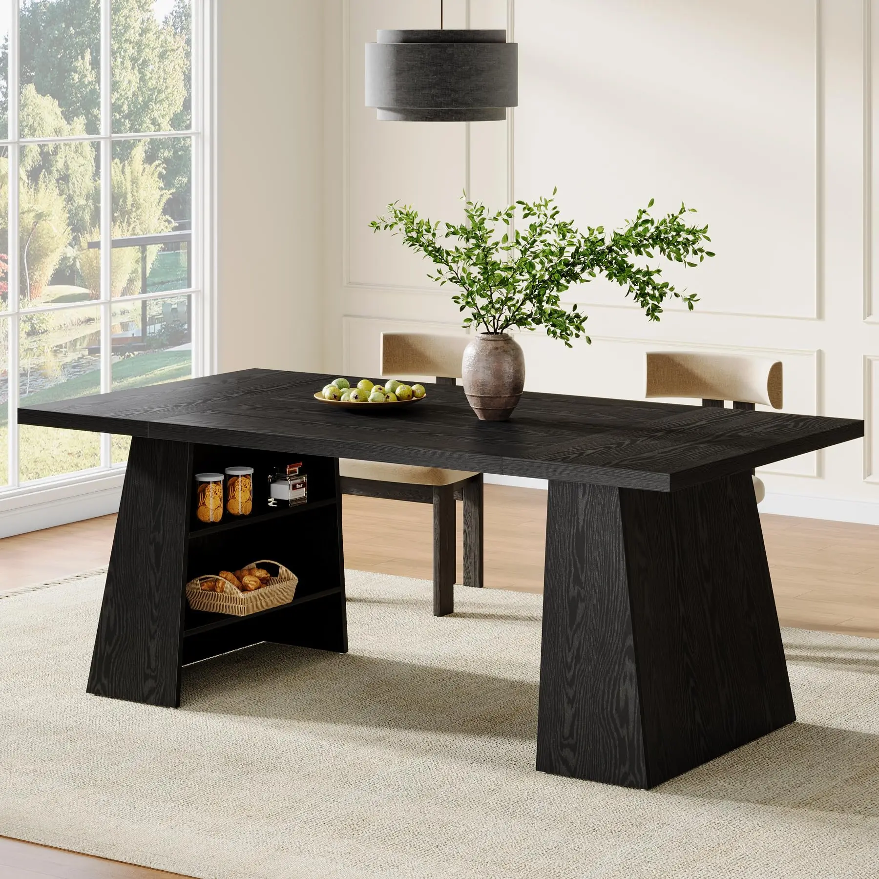 Tribesigns Rectangular Wooden Dining Table, 63-Inch, For 4-6 People, With Storage Shelves & Double Pedestal, Modern Kitchen & Dining Room Furniture