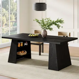 Tribesigns Rectangular Wooden Dining Table, 63-Inch, For 4-6 People, With Storage Shelves & Double Pedestal, Modern Kitchen & Dining Room Furniture