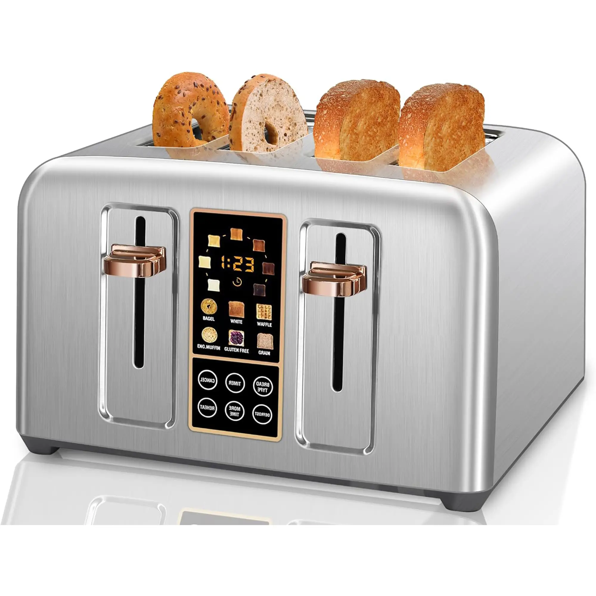 Toaster 4 Slice, Stainless Toaster LCD Display &Touch Buttons, 6 Bread Selection, 7 Shade Settings, 1.5''Wide Slots Toaster, Cancel/Defrost/Reheat, Re
