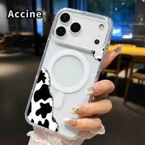 Magnetic Soft Case for iPhone 17 Pro Max 17 Air Cow Print Corner Pattern Anti-Yellowing Shockproof ultra-thin Silicone Crystal Transparent Acrylic Large Hole Cover Supports Wireless Charging