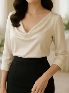Women's Elegant Satin Cowl Blouse Shirts Fashion Simple Commuter Style, Stylish Ladies' Top for Office Wear, Comfortable and Chic Design, Casual Everyday Top