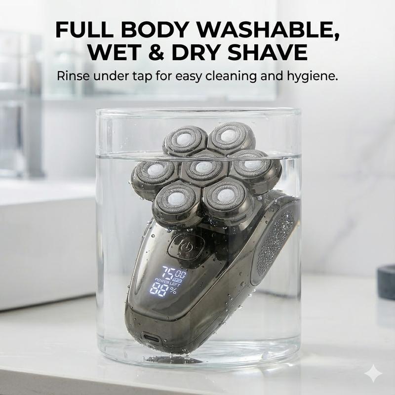 FLITOK Electric Head & Face Shaver for Bald Men 6-in-1 Waterproof IPX7 7D Magnetic Razor Type-C Fast Charge LCD Screen Nose Trimmer & Face Brush Kit Travel Ready