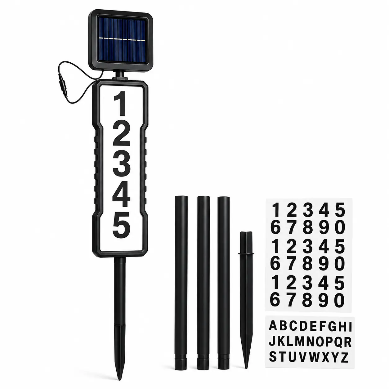 Solar LED House Number Sign, Dual-Color Lighted Address Plaque with Auto On/Off Sensor, IP54 Waterproof Outdoor Address Sign, Wall Mount or Ground Stake for Yard, Driveway & Front Door