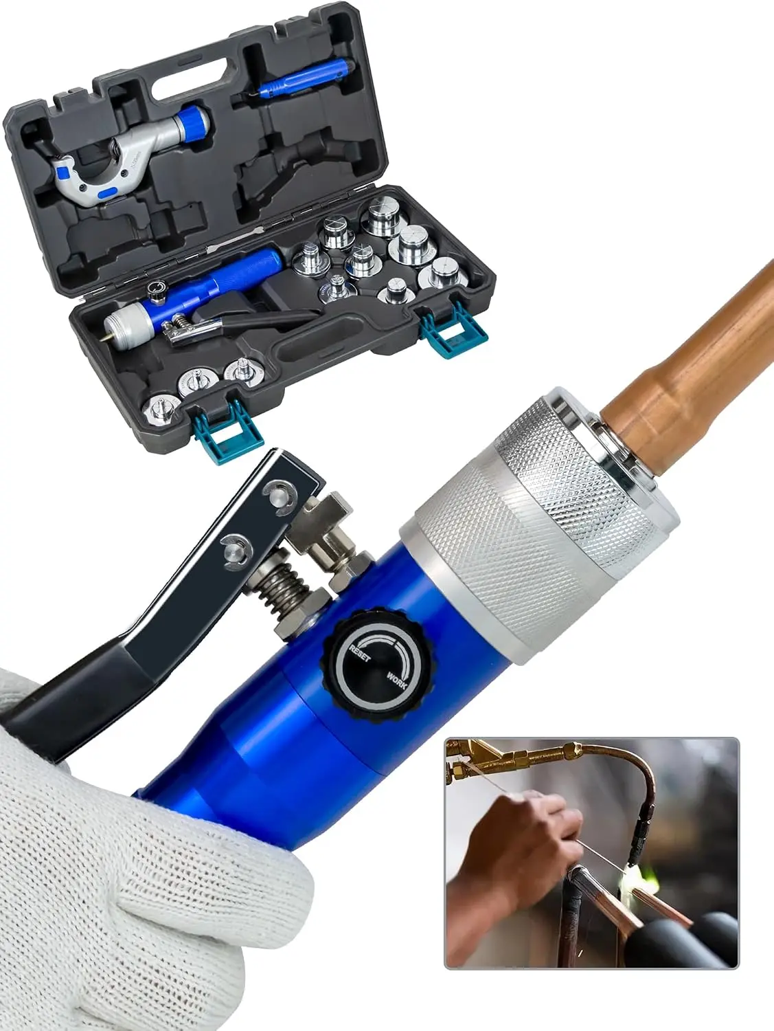 Hydraulic Tube Expander Swaging Tool Kit 11 Expander Heads 3/8-1-5/8in | HVAC Technicians Plumbers Copper Pipe Swaging Tube Cutter Deburring Tool Compact Design Hand Operation Repair Maintenance