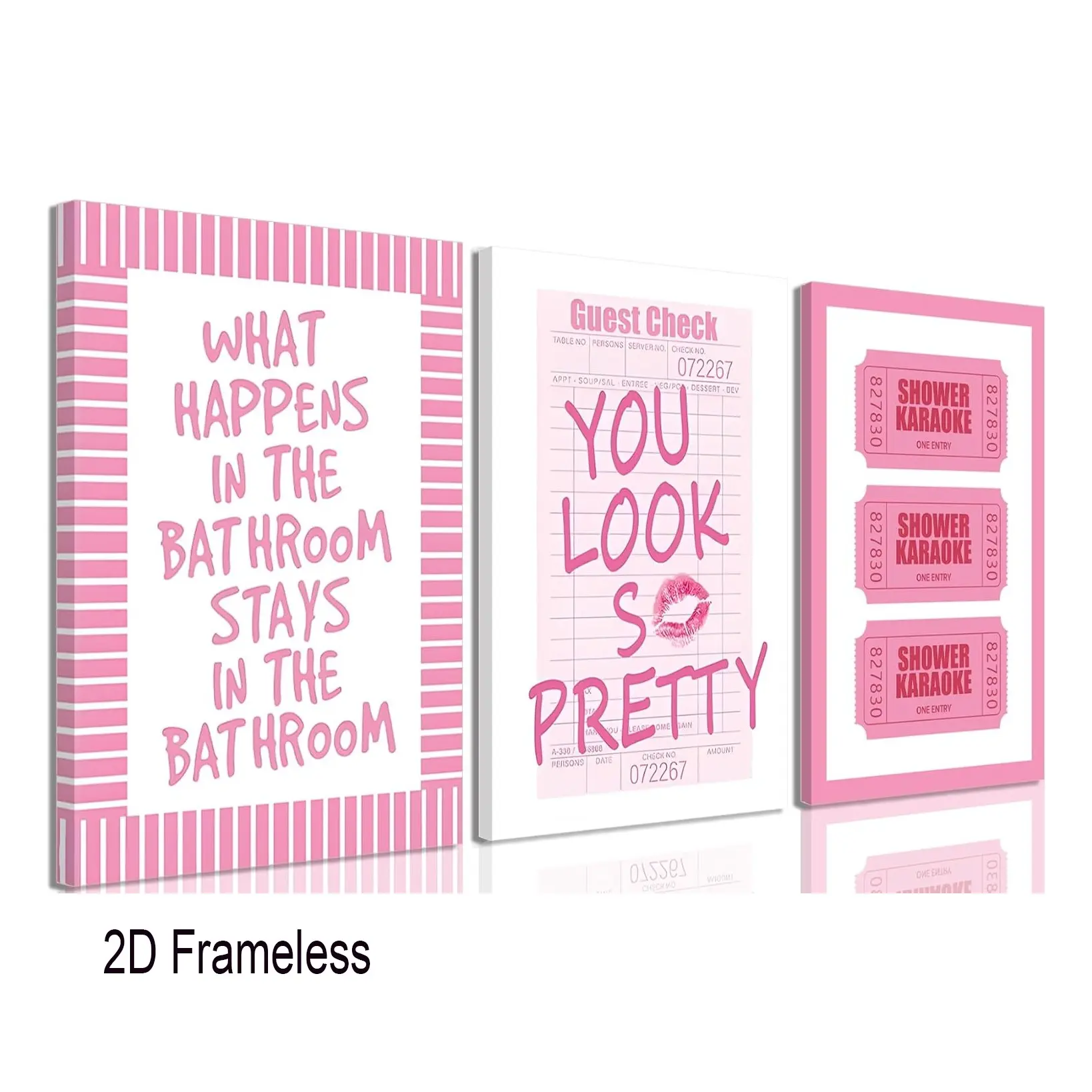 3-Piece Set: Pink Preppy-Style Bathroom Decorative Wall Art Set, featuring a playful guest bill and a shower karaoke stamp-themed canvas poster. Stylish, indie-chic home decor perfect for women’s vanities and bathrooms. Frameless, Unframed Wall Art