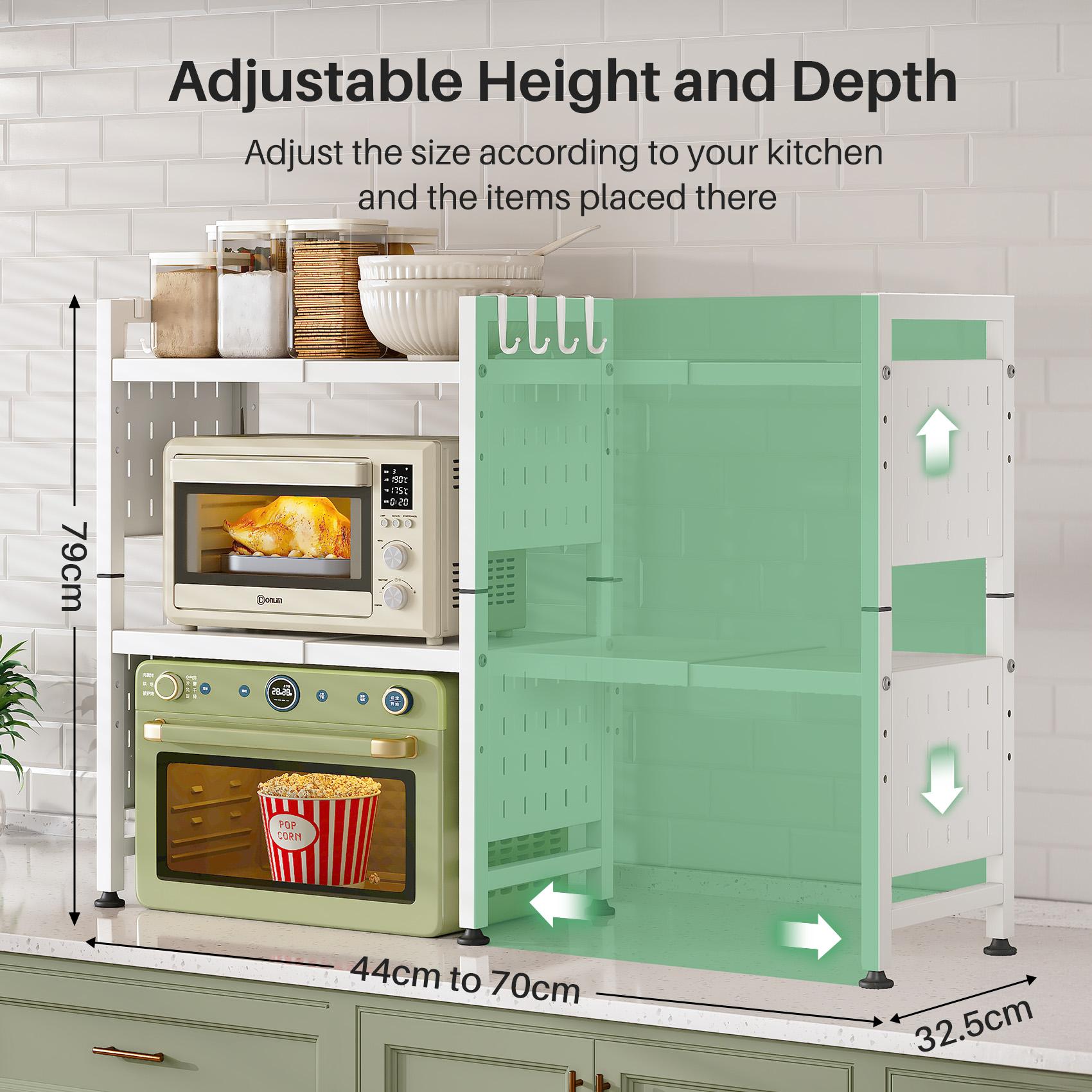 Kitstorack Adjustable Microwave Oven Rack,Microwave Stand Shelf Heavy Duty 2-Tier/3-Tier Shelf with Cutting Boards Stand for Kitchen Shelves Counter Top Organizer, 2-Tier Holds 120lbs,3-Tier 180lbs,9 Hooks