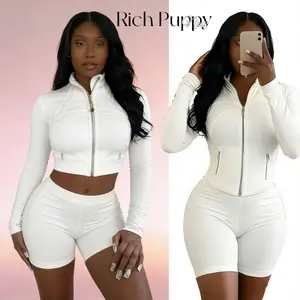 Breathable Elasticity Gym Set - Women'S 2 Piece Workout Set Zip-Up Jacket & Shorts - Casual Activewear For Fitness & Athleisure Trend
