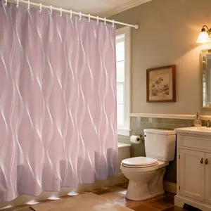 Dusty Pink Silver Wavy Line Shower Curtain, Luxury Modern Waterproof Bathroom Curtain, High-End Bathroom Dry-Wet Separation Privacy Curtain with Plastic Hooks, Wall-Mounted Drapes