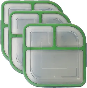 MyGo Container Small To-Go 3-Compartment Food Containers, Pack Of 3, 8" x 8" x 2-1/2", Reusable, Microwave Safe, NSF Certified, Smoke/Green