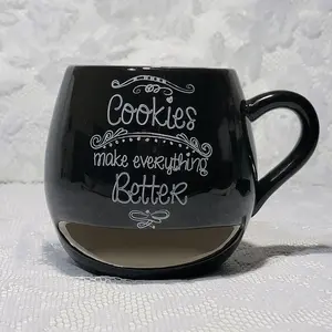Vintage Black Ceramic Coffee Mug with Cookie Holder "Cookies Makes Everything Better" Milk Tea Cup Collectible