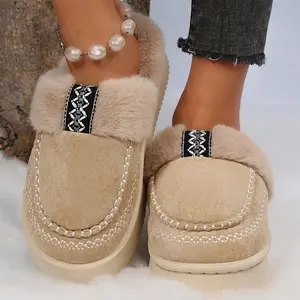 Trendy Plush Suede Slippers Women's Embroidered Accent Platform Slippers Perfect for Cold Season Comfort Indoor Outdoor Shoes