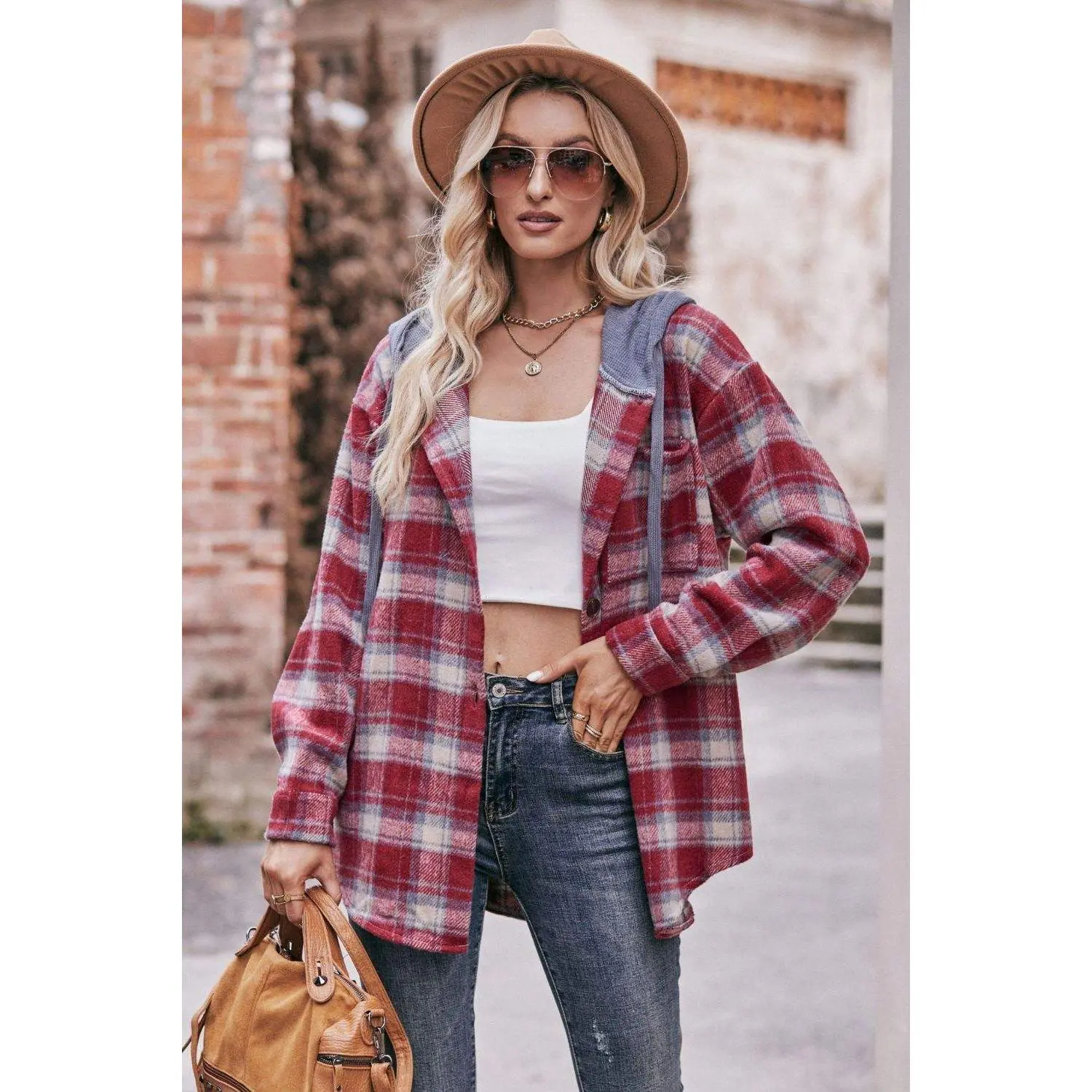 Plaid Dropped Shoulder Hooded Longline Jacket
