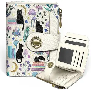 Black Cat Small Wallet Women RFID Blocking Bifold, Cute Credit Card Holder, Zipper Coin Pocket, PU Leather, Compact, Travel, 4 ID Window, 14 Card Slots, Cash Purse, Ladies Woman Female Girls